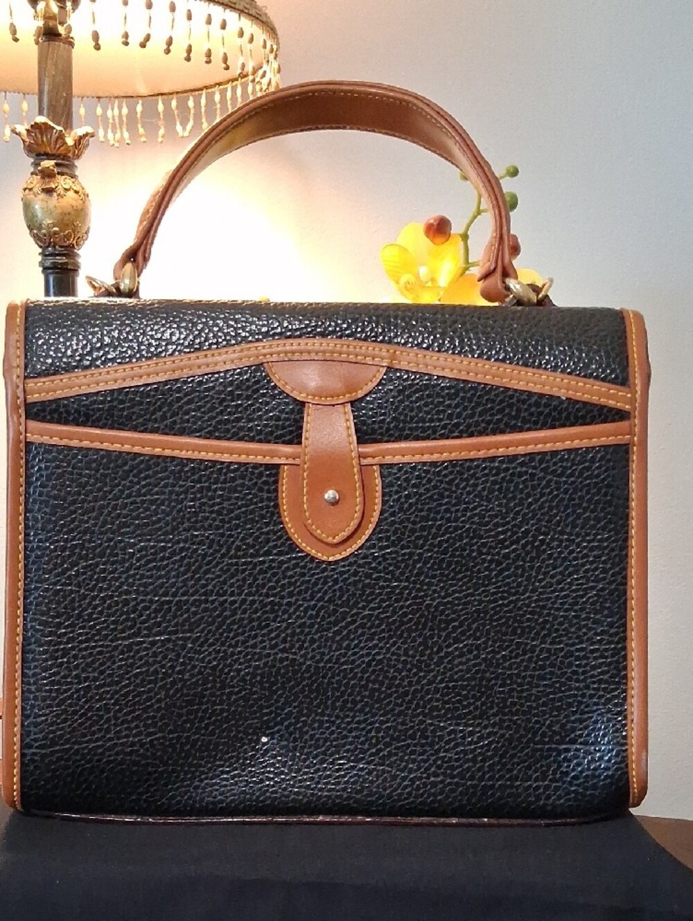 Dooney & Bourke Black Pebbled Leather Satchel with Brown Trim - Picture 5 of 14